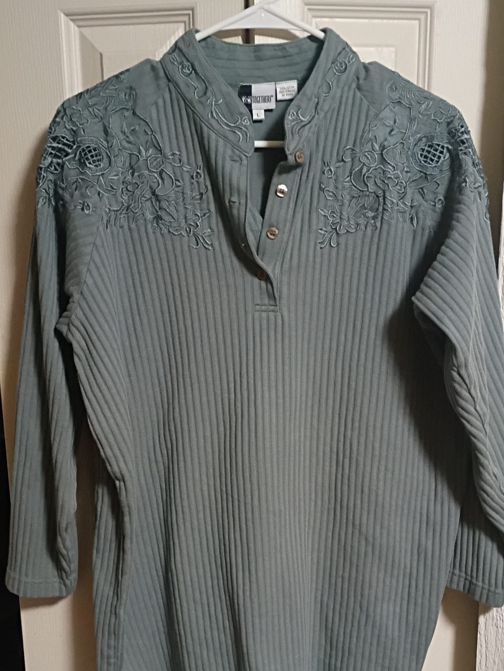 Together Sage Green Ribbed Henley with Floral Embroidery